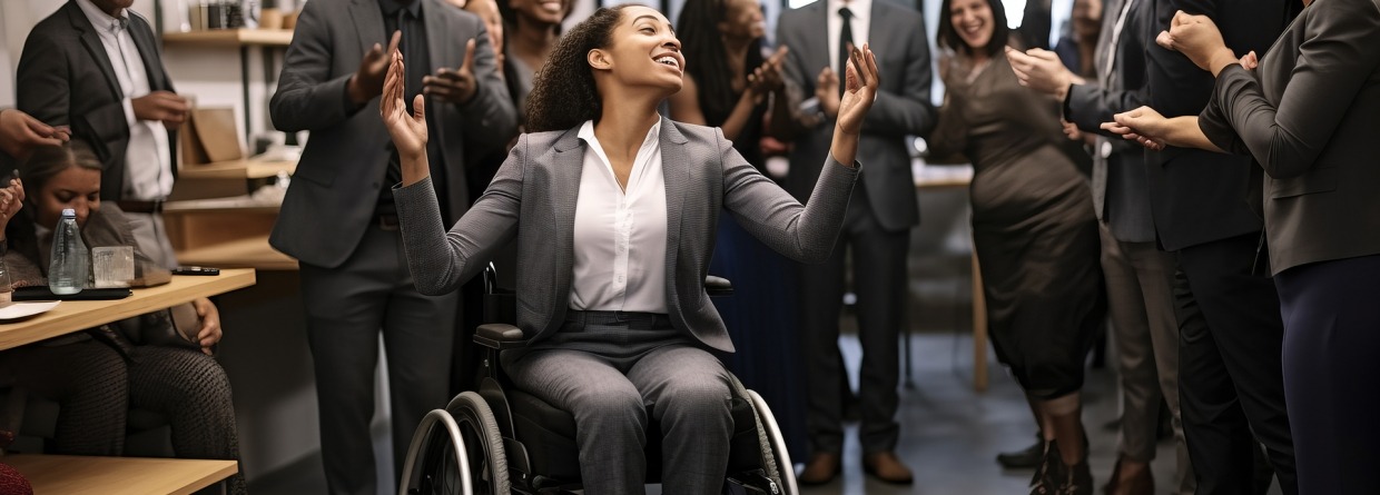 Zakenvrouw in een rolstoel met een groep vrolijke collega's om haar heen